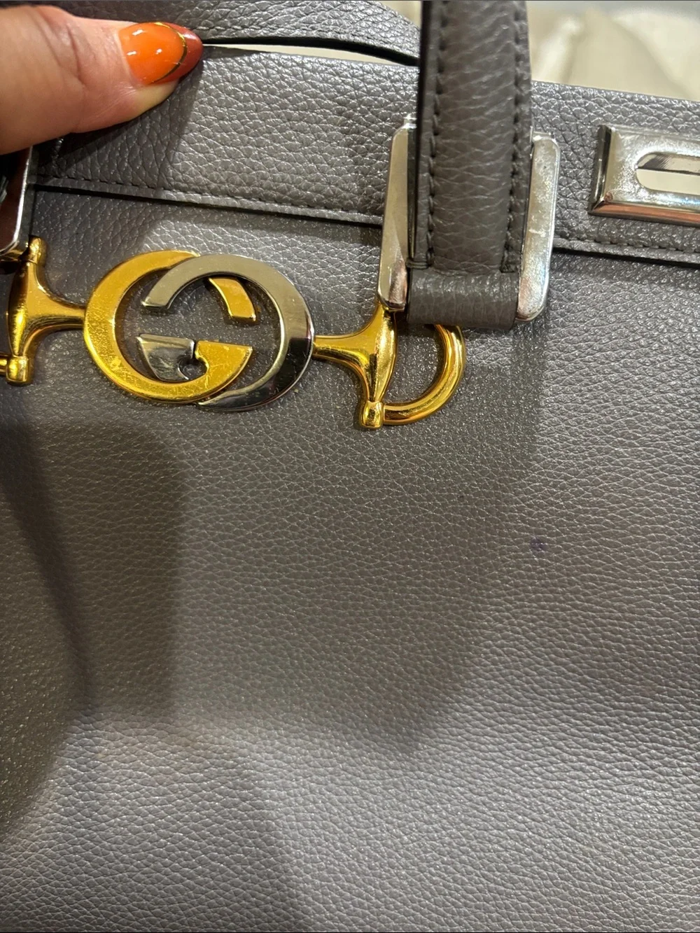 Gucci Gray Leather Satchel with Gold Horsebit Detail